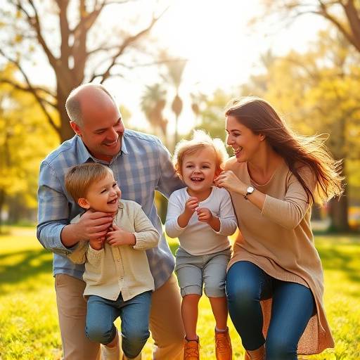 Ensaio fotogr√°fico de uma fam√≠lia feliz em um parque ensolarado, com as crian√§as brincando e os pais sorrindo.