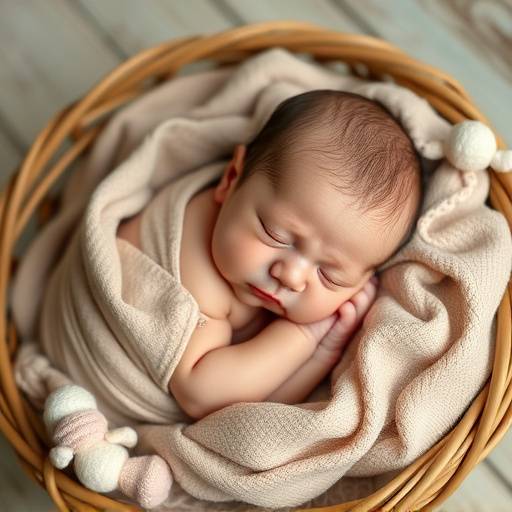 Fotografia de um beb√™ rec√©m-nascido dormindo em um cesto, com acess√≥rios delicados e ilumina√§√£o suave.