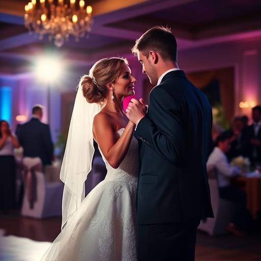 Fotografia de um casamento, mostrando os noivos dan√§ando durante a recep√§√£o.