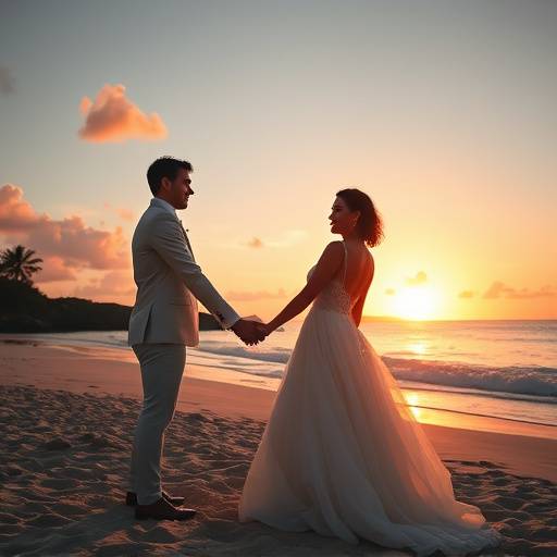 Fotografia de um casamento na praia, com os noivos de m√£os dadas ao p√¥r do sol.