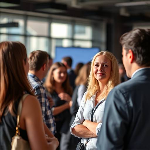 Fotografia de um evento corporativo, mostrando os participantes interagindo em um ambiente profissional.