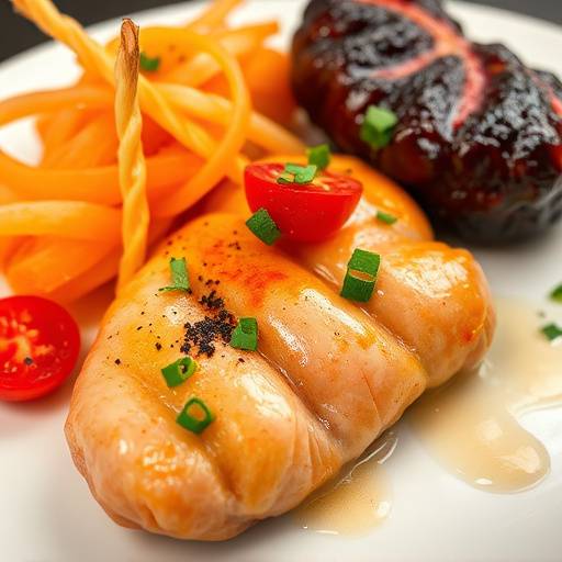 Fotografia de um prato de comida gourmet, com cores vibrantes e detalhes apetitosos.