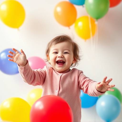 Fotografia de uma crian√§a brincando em um est√ºdio com bal√µes coloridos e um sorriso no rosto.