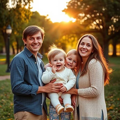 Fotografia de uma fam√≠lia feliz posando em um parque durante um ensaio fotogr√°fico.