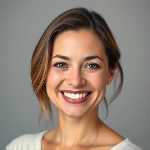 Retrato profissional de uma mulher sorrindo, com ilumina√§√£o suave e fundo neutro.